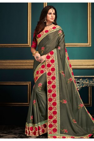 Gray satin embroidered saree with blouse  10601
